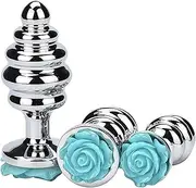 SM Metal Anal Plug Butt Plug 3 Piece Set With Thread Roses Sex Toy Anal Dildo Anal Plug Set For Women Couples Men(M)
