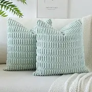 OTOSTAR Pack of 2 Corduroy Soft Decorative Throw Pillow Covers Boho Striped Square Cushion Case Home Decor Pillow Covers for Couch Sofa Bed Decorative Pillowcases 20 x 20 Inch (Light Blue Green)