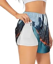 [WURTON] Chicago Print Exercise Gym Workout Shorts Women's Athletic Shorts Dual-Layered Yoga Running Shorts