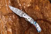 Custom Hand Forged Damascus Folding Knife Camel Bone Liner Lock