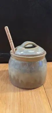 Hello Honey Green & Blue Glaze Stoneware Honey Jar with Wood Honey Dipper