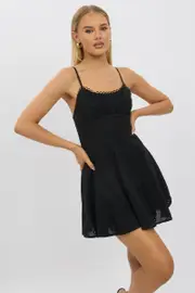 Black Fit And Flare Dress Mini Eyelet Fabric - Size 16XL, Women's Skater Dress
