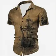 Men's Nautical Sailboat Shirt Summer Shirt Button Up Shirt Short Sleeve Vintage Retro Outdoor Vacation Dailywear Summer Spring Turndown 3D Print Collared Shirt