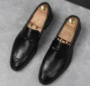Men's Fashion British Pointy Toe Slip On Loafers Business Black Leather Shoes