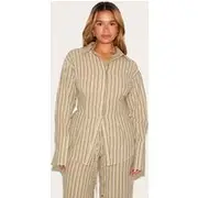Shape Olive Striped Lace Up Cinched Back Button Front Shirt, Olive