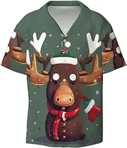[HVTTIOR] Funny Christmas Moose Head Print Short Sleeve Shirt Cuban Collar Beach Casual Style Summer Vacation Relaxed Fit