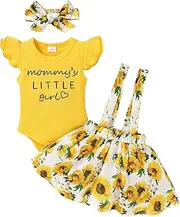 [YOUNGER TREE] Infant Toddler Baby Girl Summer Outfit Sunflower Strap Sets Sleeveless Romper Suspender Skirt 3pcs Clothing Sets