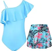 [JiAmy] Girls Swimming Costume One Piece Swimsuits One Shoulder Ruffle with Skirt UV Sun Protection Bathing Suit Floral Girls Swimwear 5-12 Years