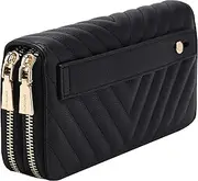 [B BRENTANO] Vegan Leather Double Zipper Pocket Wallet with Grip Hand Strap (Chevron Embroidered Black)