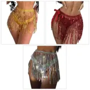 Womens Belly Dance Sequins Tassels Skirt Fringed Hip Scarf Self Tie Waist Chain