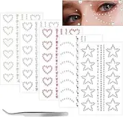 5 Sheets Self Adhesive Face Gems for Makeup, 3D Heart Star Moon Face Rhinestone Stickers Face Gem Stick On Face Eye Nail Body Crystal Pearls Face Sticker Jewels Makeup Festival Face Gem Crafts