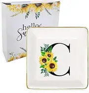 Databa Sunflower Initial Jewelry Tray,Sunflower Gifts for Women,Letter C Ring Holder Trinket Dish for Rings Earrings Necklace,Monogrammed Gifts for Women,Mom,Wife,Bridesmaids,Birthday,Christmas