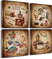 BLINFEIRU Kitchen Pictures Wall Decor Coffee Wall Art Theme Decorations Canvas Prints Dining Room Coffee Bar Posters Retro Brown Paintings Modern Artwork Framed 12''X12''X4 Panel/Sets