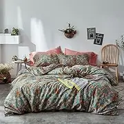 mixinni Vintage Style Garden Flower Queen Duvet Cover with Zipper Closure Soft Long Staple Percale Cotton Vibrant Pattern on Blue Flower Bedding Quilt Cover Set(Queen, All Season)