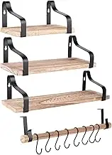 Floating Wall Shelf, 3 Piece Industrial Style Floating Wall Shelf Rustic Wood and Iron Wall Bracket with Hooks Multifunctional for Living Room Kitchen Bedroom Office Bathroom