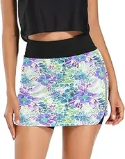 [RPLIFE] Watercolor Blue Green Purple Floral Leaves Mini Tenni Skort, Light Weight Skorts Women, Work Out Skorts