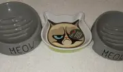 1 Petrageous Grumpy Cat And 2 Petrageous Cat Meow Stoneware Bowls. New