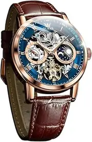 [OLEVS] Men's Mechanical Automatic & Hand Winding Leather Fashionable, Fashionable, Leather Skeleton Watch, Moon Phase, Luminous, Moon, Waterproof, For Men