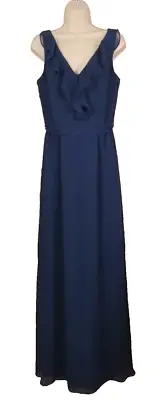 NWT David's Bridal Navy Sleeveless Chiffon Maxi MOB Formal V-Neck Ruffle Size 8