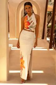Stassi | Orange Floral Print Maxi Skirt With Ruched Detail And Front High Split