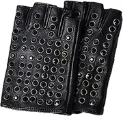 [Generic] Women Real Leather Half-Finger Short Thin Gloves Shiny Artificial Rivet Rock Punk Fingerless Gloves
