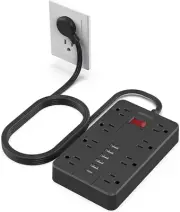 5' Power Strip,Surge Protector Flat Plug w/ 8 Widely-Spaced Outlets & 6 USB Port