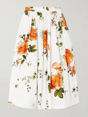 [Erdem] Erdem - Gathered Floral-print Cotton-poplin Midi Skirt - White - UK 10 UK 10 White