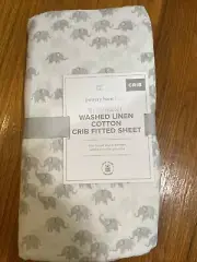 Pottery Barn Baby Elephant Print Washed Linen Cotton Crib Fitted Sheet