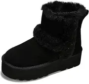 [Project Cloud] Platform Boots for Women - Premium Genuine Suede with Decorated Wool Collar Fashion Boot - Memory Foam Insole - Water Resistant Wedge Ankle Boot for Indoor and Outdoor Use (Furby)