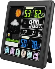 Wireless Weather Station with Alarm Clock, Digital Indoor Outdoor Thermometer Hygrometer Humidity Gauge with Weather Icons, Weather Forecast, Time Display (Black)