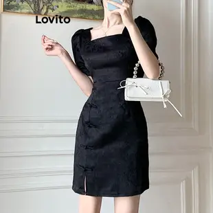 Lovito 女款優雅素色拉鍊前開叉扣洋裝 LNA30108 (黑色)