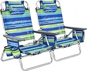 Costway 2-Pack Backpack Beach Chair, 5-Position Outdoor Reclining Chairs w/Head Pillow, Storage Pouch, Towel Bar, Cup Holders & PEVA Ice Pack, Folding Camping Chair (Blue)