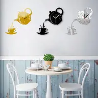 在飛比找蝦皮購物優惠-三維diy茶壺造型掛鐘亞克力鏡面鐘現代廚房家居裝飾牆貼鏤空數