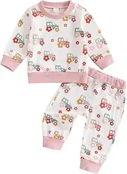 [CsgrFagr] Girls Fall New Truck Print Color Blocking Long Sleeve Pull Sweatshirt Long Pants Two Set Cute Baby Boy