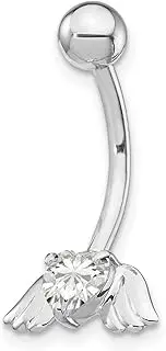 [JewelryWeb] White Gold Polished Screw back With CZ Simulated Diamond Love Heart Religious Guardian Angel Wings Belly Ring Dangle 23x12mm Wide