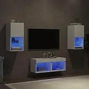 TV Stands White, 4 Piece Wall Cabinets with LED Lights, Storage for Living Room Furniture, Modern Entertainment Center, Cabinet Set Stand - Shelf Rack