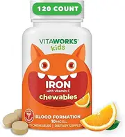 Kids Iron 10mg with Vitamin C 50mg Chewable Tablets - Tasty Natural Flavored Vegan, Vegetarian, GMO-Free, Nut Free Dietary Supplement Blood Formation for Children 120 Chewables 0.109 kg