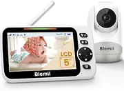 Blemil 5" Split-Screen Baby Monitor with 30-Hour Battery, Large Video Baby Monitor with Camera and Night Vision, Remote Pan/Tilt/Zoom Camera, Two-Way Talk, Lullabies, No WiFi,Up to 1000ft