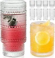 KEMORELA Textured Drinking Glasses- Set of 8 Vintage Glassware - 4 Pcs Jupiter Hobnail Drinking Glasses 16 oz & 4 Pcs Cute Beaded Bubble Cocktail Drinkware 14 oz for Wine Beer Juice Whiskey