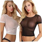 [AZIDWERYQ] Women's Sheer Lace Lingerie Mesh Short Sleeve Crop Tops, See Through Lingerie Sexy Set for Women & Girls, L