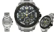 NEW Aubert Freres 14180 Mens Lagasse Yellow Accented Black Dial Silver SS Watch