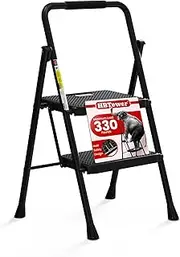 HBTower 2 Step Ladder, Folding Step Stool with Wide Anti-Slip Pedal, Sturdy Steel Ladder, Convenient Handgrip, Lightweight, Portable Steel Step Stool, Black