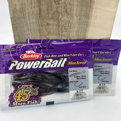 (2) Berkley PowerBait MaxScent Flat Worm 4.25” BLACK SHINER - FAST SHIPPING!