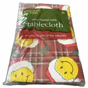 New ~ Vtg Smiley Face Santa Hat Tablecloth, Felt Back Christmas Holiday 60x102”