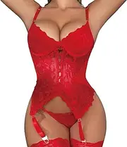 [Ormromra] Women's Bodysuit with Suspenders, Sexy Lace Teddy Bodysuits, Sex Curvy Suspenders, 2-Piece Set Bodysuit with Underwired Bra and Panties Suspenders, Mesh Lingerie Jumpsuit, Sexy Lace Babydoll