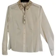 Elie Tahari Top Womens Large White Long Sleeve Button Front Animal Print NEW
