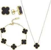[Hannya] 18K Gold Plated Lucky Clover Sets, Lucky Clover Bracelet, Earring, Necklace Pendant for Women Girls (Black)