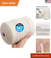 Eco-Friendly 3mm Natural Cotton Macrame Cord - 547 Yards of Crafting Elegance