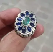 Emerald, Zamurd Stone With Blue Sapphire Around Ring - Sterling Silver 925