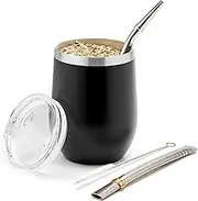 BALIBETOV Modern Mate Cup and Bombilla Set (Yerba Mate Cup) -Yerba Mate Set Includes Double Walled 18/8 Stainless Steel Mate Tea Cup, Two Bombilla Mate (Straw) and a Cleaning Brush (12 oz, Black)
